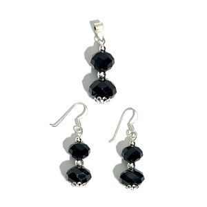 New Sterling Silver Faceted Onyx Pendant & Earrings Set 925